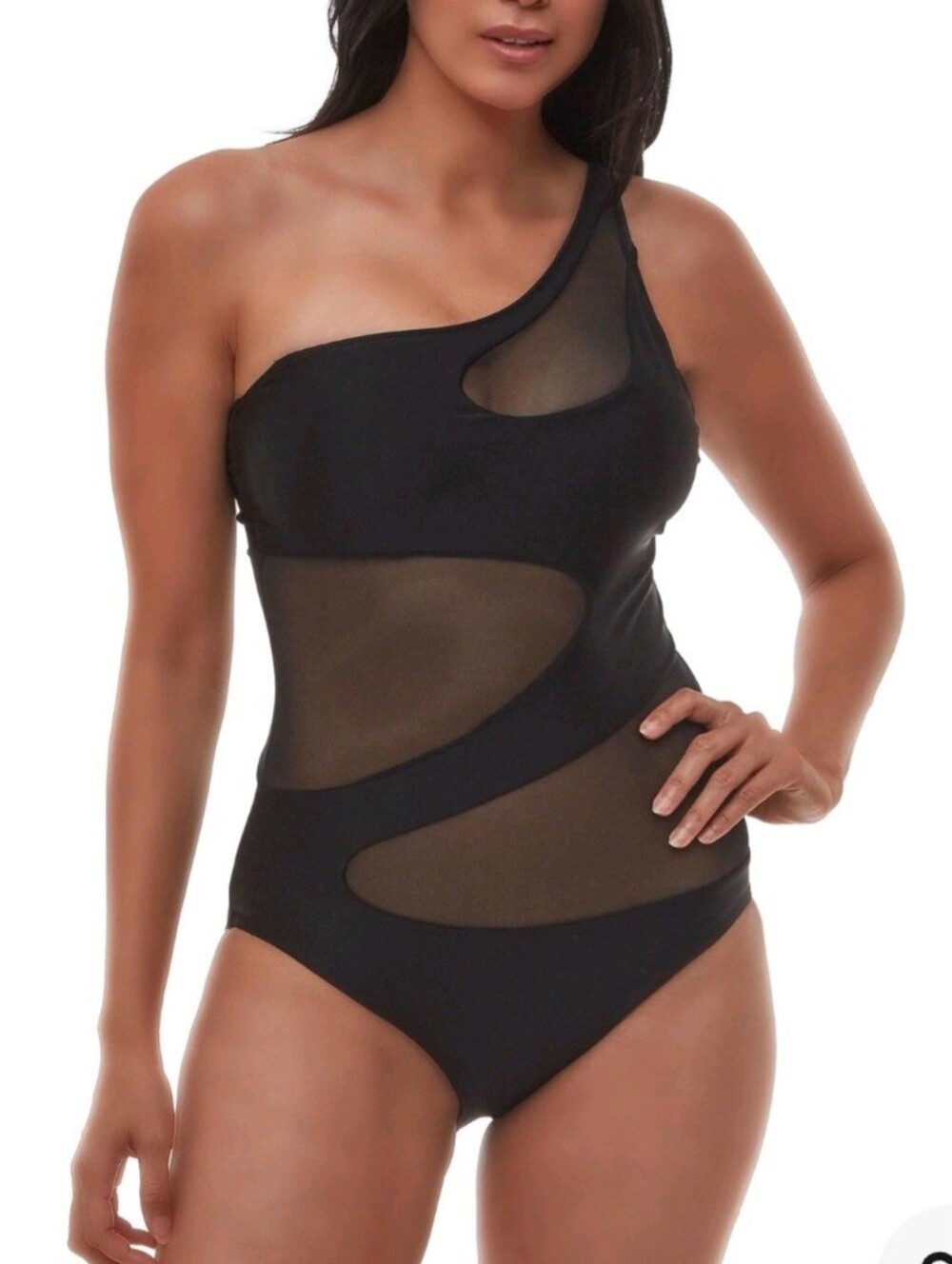 Bar III Black One-Shoulder Mesh Cutout One-Piece Swimsuit
